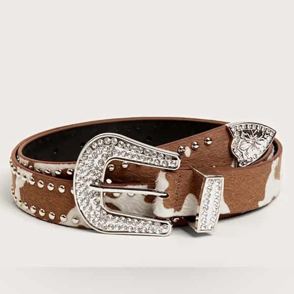 Accessories - Stylish Brown Cow Belt with Rhinestone Buckle